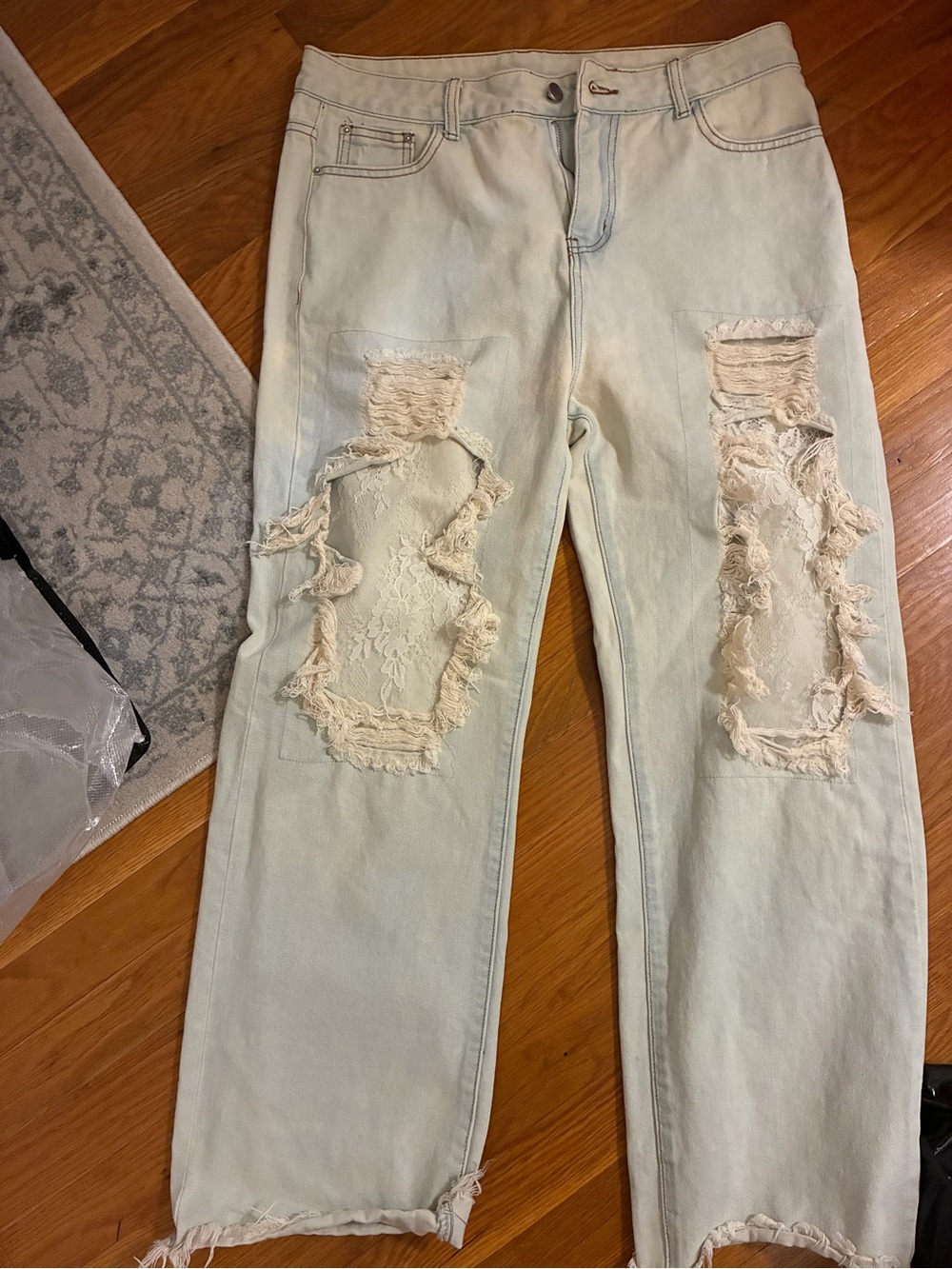Cider Light Blue Distressed Straight-Leg Jeans with Lace Insets - XL